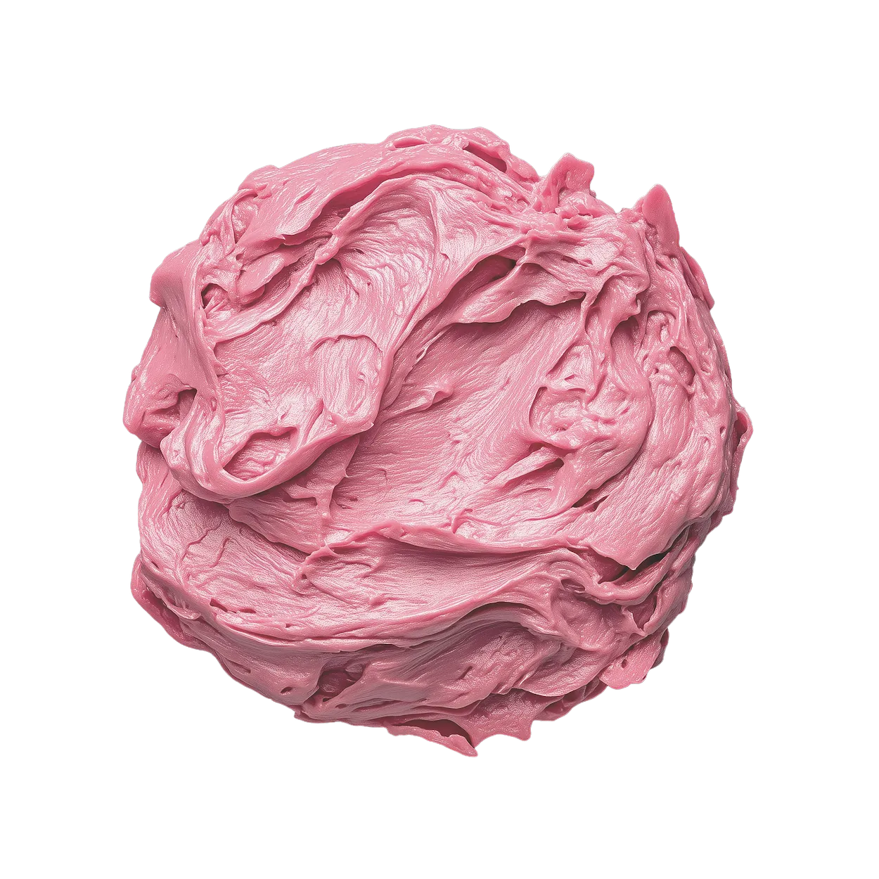 Close-up of a textured dollop of smooth pink cream or frosting with glossy highlights.
